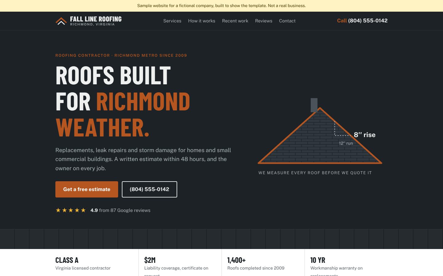 Sample contractor website on a desktop screen